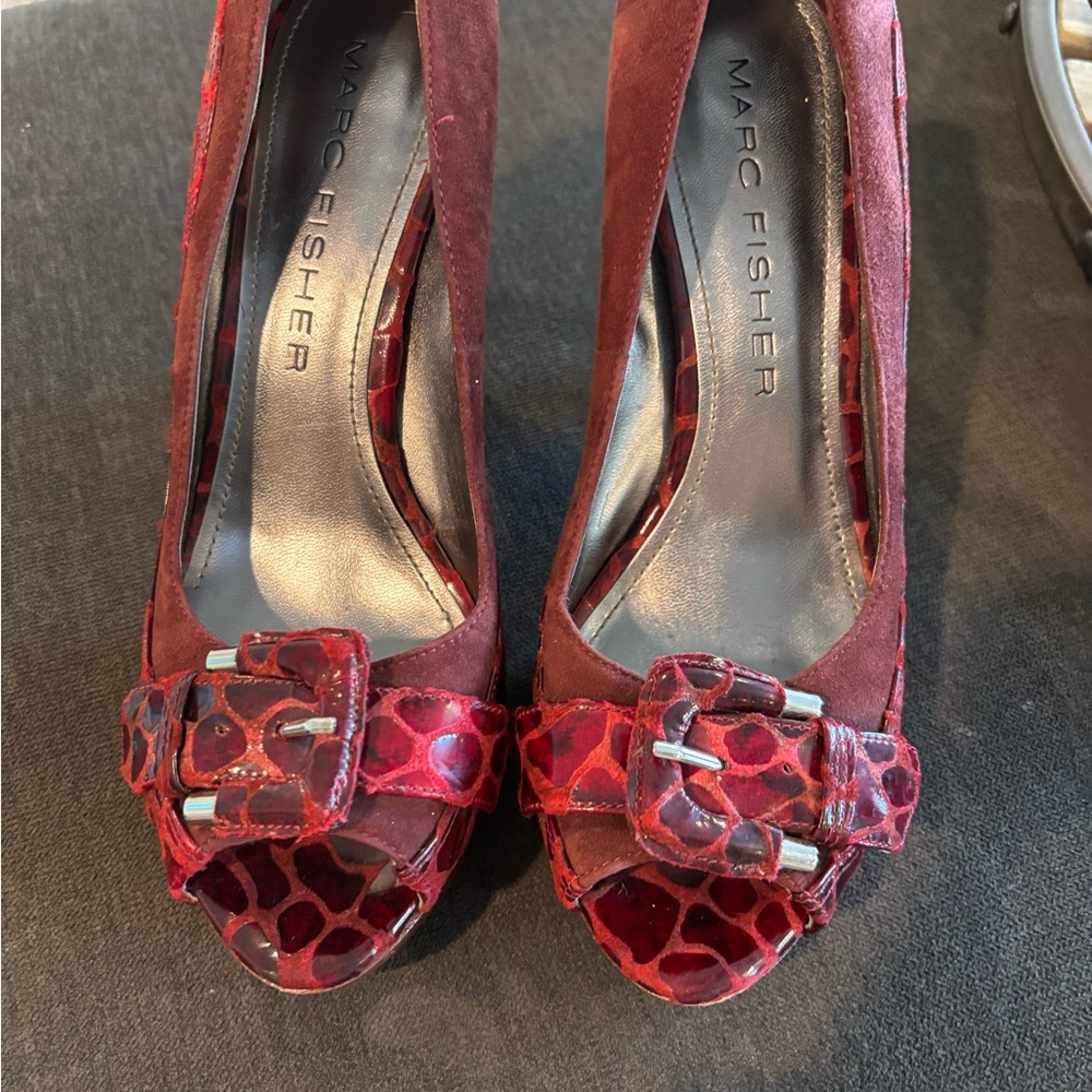 Marc Fisher Red Peep Toe Heels with Textured Buckle
